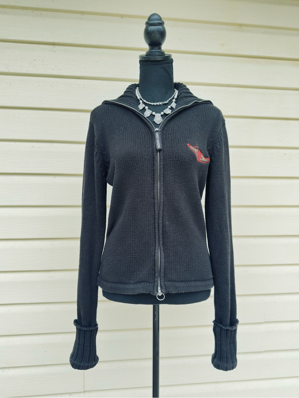HARLEY-DAVIDSON ~ Black Knit Cardigan with Contrast Logo and Brass Zipper size L - Picture 7 of 10